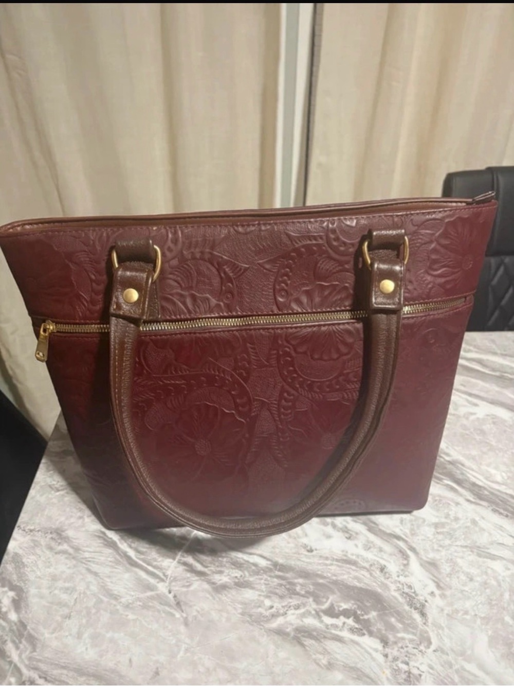 Women's Embossed Burgundy Tote Bag with Double Handles